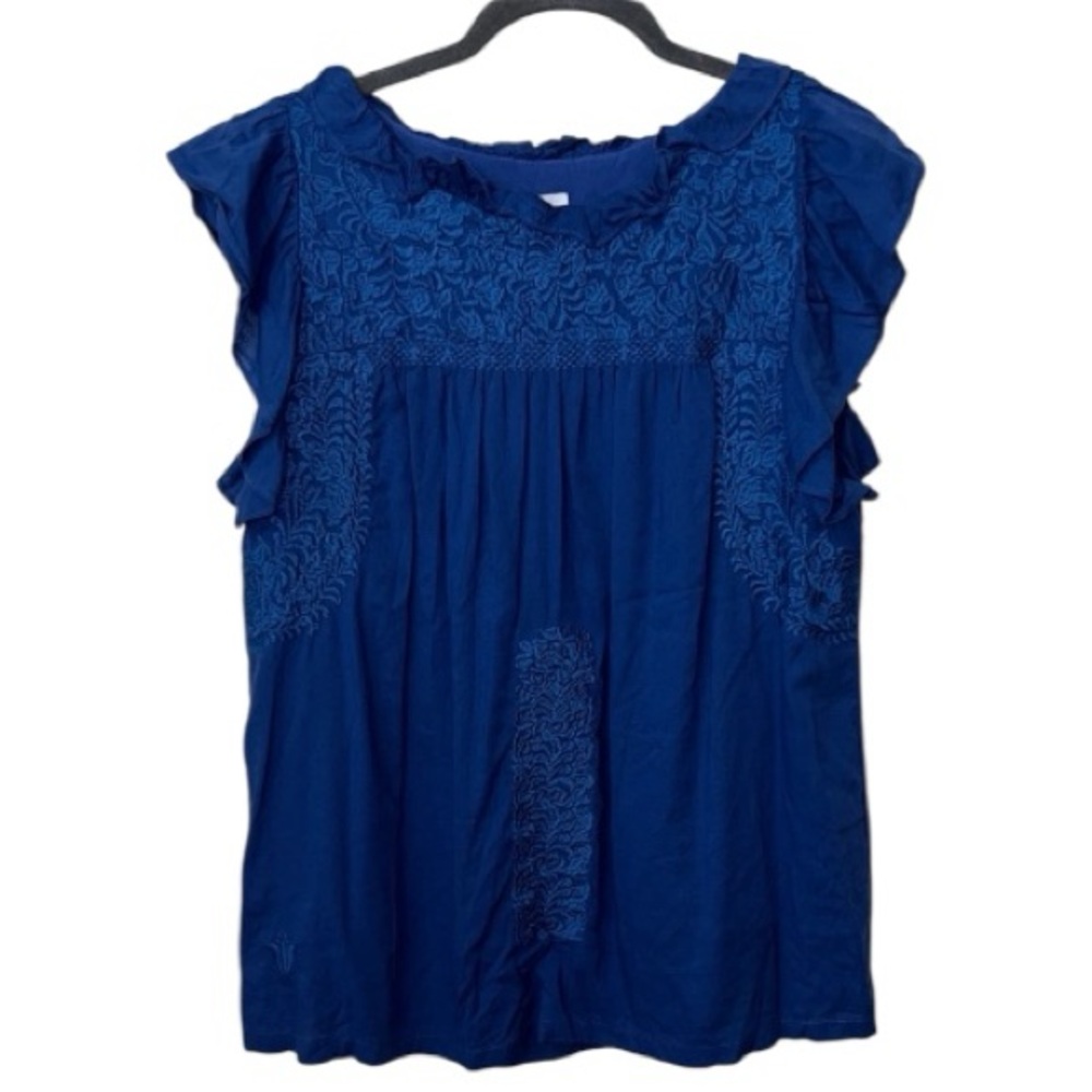 J. Marie Woven Embroidered Ruffled Cap Sleeve Top Size L In Cobalt Blue - Picture 3 of 12